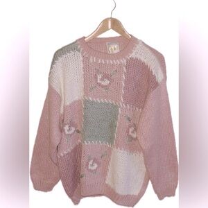 Vintage Paris Sport Club Hand Knit Ramie Blend Pink Floral Cottagecore Sweater